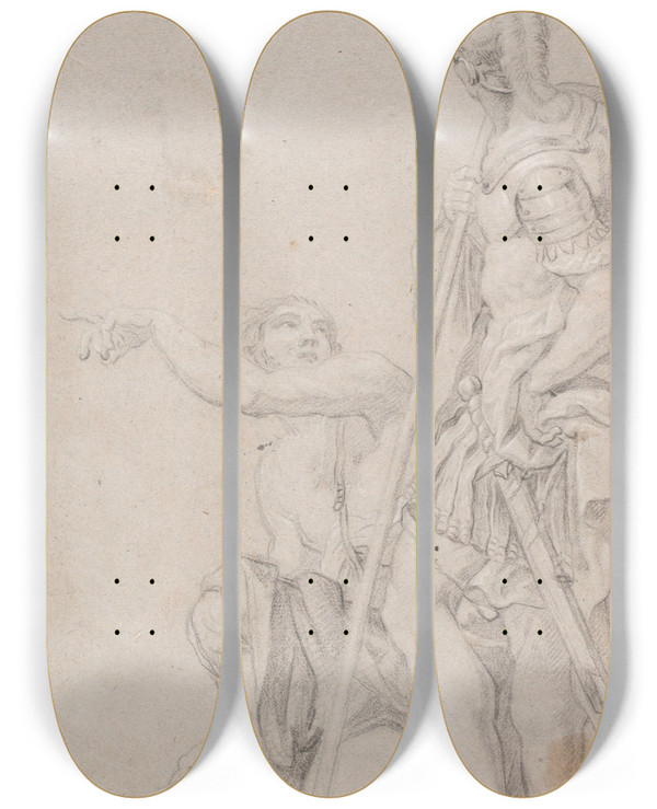 Triptych art skateboard deck of Hendrik Krock Stende Soldat Og Knlende Pegende Yngling by Hendrik Krock (1671-1738)