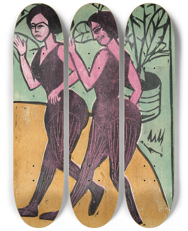 Triptych art skateboard deck of Ernst Ludwig Kirchner English Step Dancers by Ernst Ludwig Kirchner (1880-1938)