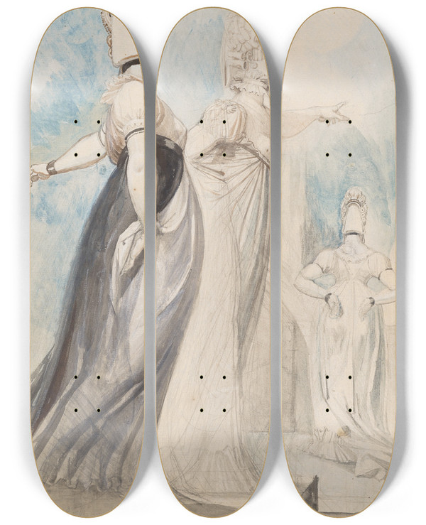 Triptych art skateboard deck of Henry Fuseli Drei Promenierende Damen by Henry Fuseli (1741-1825)