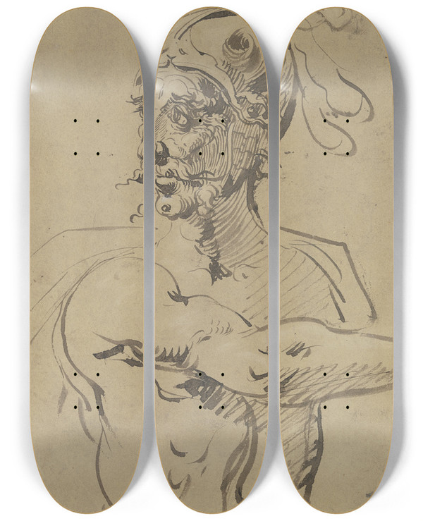 Triptych art skateboard deck of Jacob De Gheyn Ii Warrior In Half Figure by Jacob de Gheyn II (1565-1629)