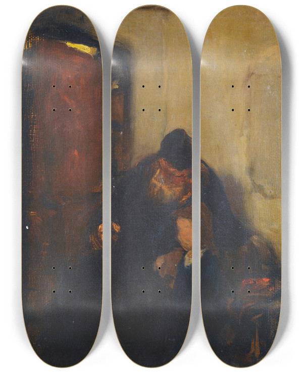 Triptych art skateboard deck of Nikolaos Gyzis Grandfather And Child by Nikolaos Gyzis (1842-1901)
