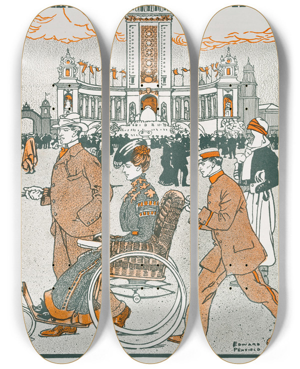 Triptych art skateboard deck of Edward Penfield Colliers Panamerican Exposition by Edward Penfield (1866-1925)