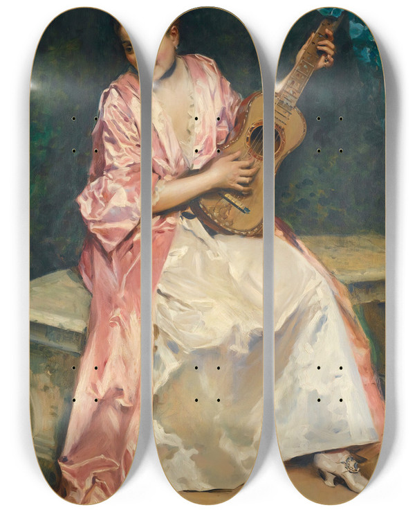 Triptych art skateboard deck of Raimundo De Madrazo Y Garreta Aline With Guitar by Raimundo De Madrazo Y Garreta (1841-1920)