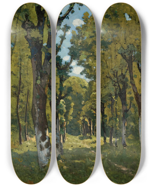 Triptych art skateboard deck of Henrijoseph Harpignies All Des Tilleuls Saint Prive Yonne Sunlit Woodland Path by Henri Joseph Harpignies (1819-1916)