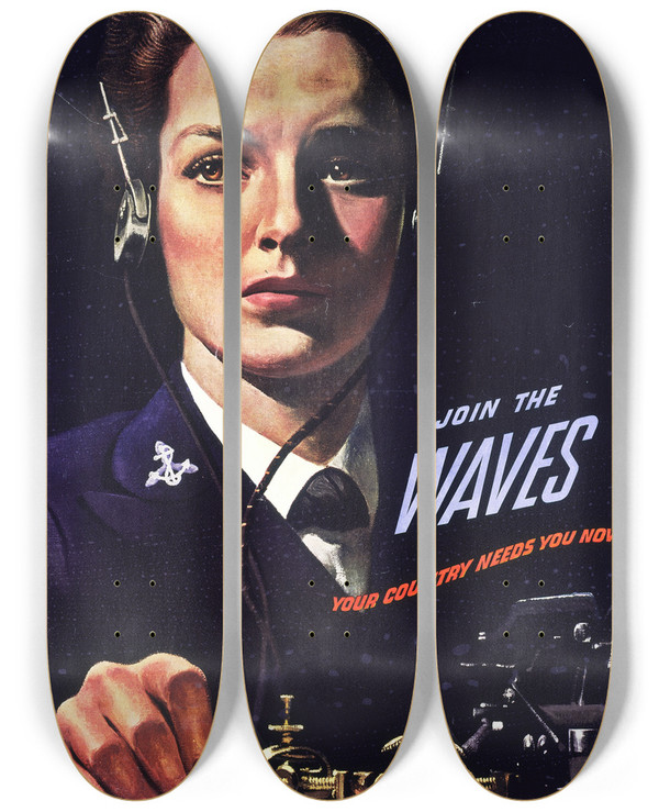 Triptych art skateboard deck of John Philip Falter Its A Womans War Too Join The Waves by John Philip Falter (1910-1982)