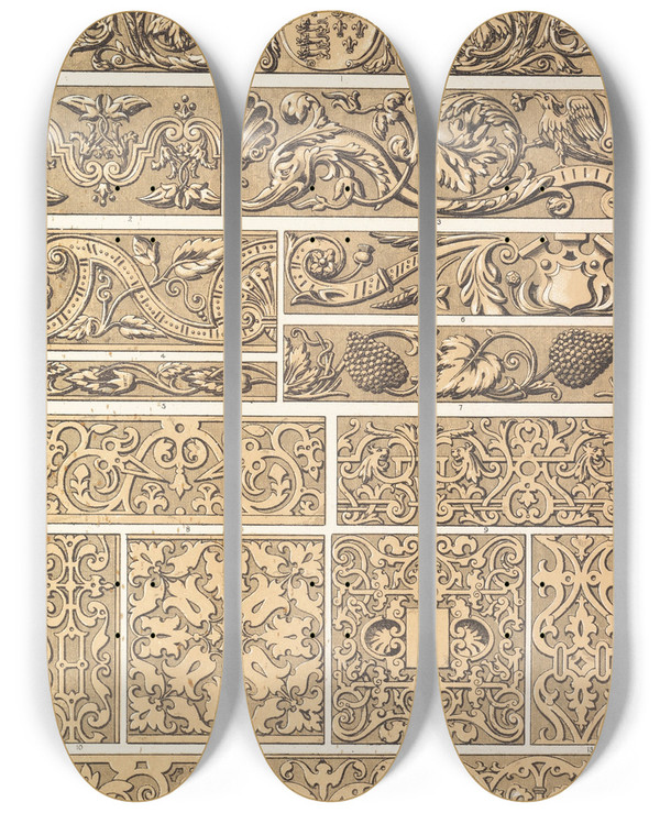 Triptych art skateboard deck of Owen Jones Elizabethan No1 by Owen Jones (1809-1874)