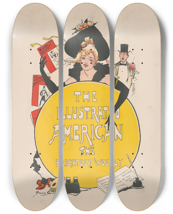 Triptych art skateboard deck of Archie Gunn The Illustrated American by Archie Gunn (1863-1930)