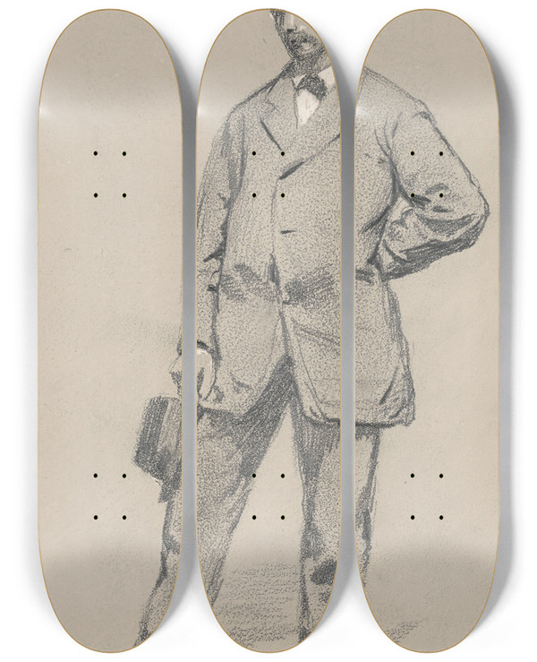 Triptych art skateboard deck of Robert William Vonnoh Standing Man by Robert William Vonnoh (1858-1933)
