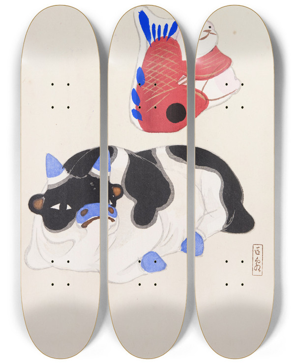 Triptych art skateboard deck of Kawasaki Kyosen Kyosens Collected Illustrations Of Japanese Toys Pl068 by Kawasaki Kyosen (1877-1942)