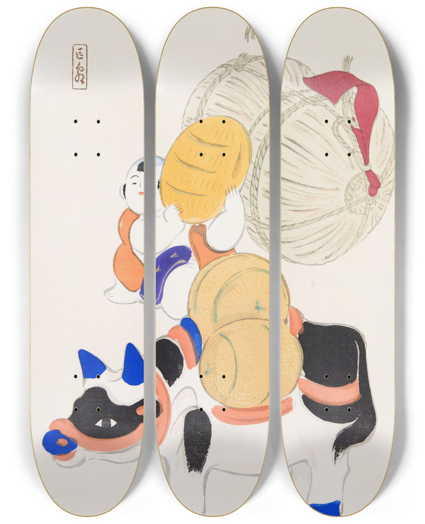 Triptych art skateboard deck of Kawasaki Kyosen Kyosens Collected Illustrations Of Japanese Toys Pl007 by Kawasaki Kyosen (1877-1942)
