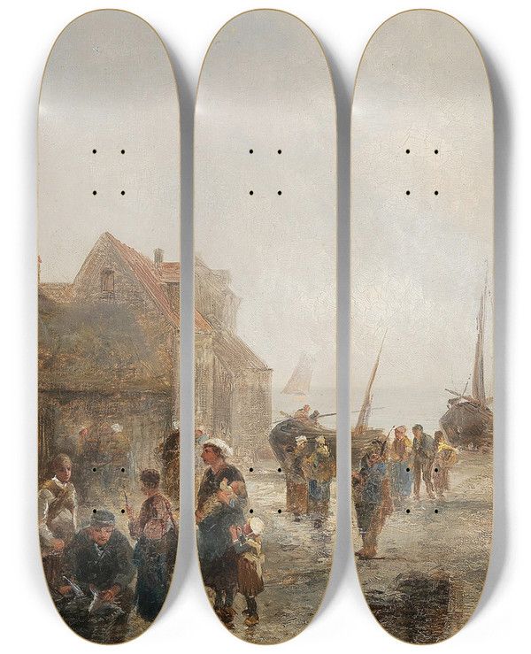 Triptych art skateboard deck of Emil Barbarini Busy Activity In A Fishing Village by Emil Barbarini (1855-1933)
