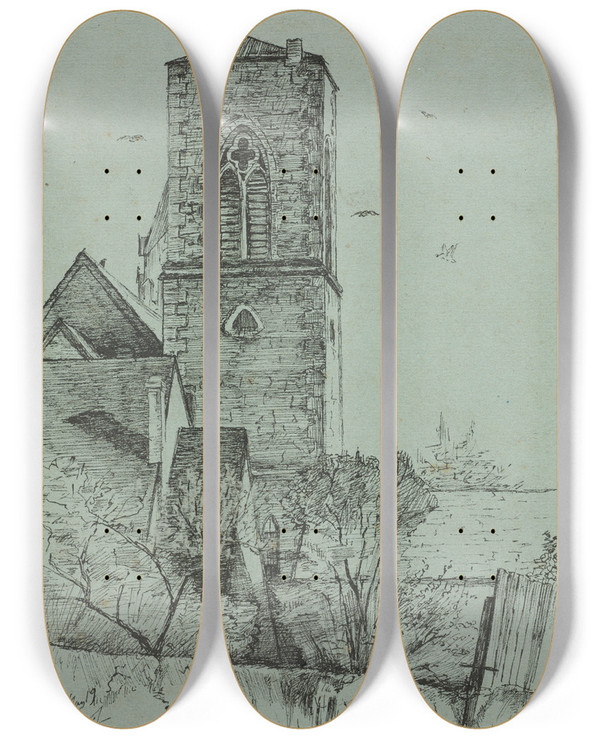 Triptych art skateboard deck of Otto Henry Bacher Tower Of The Chimes Old Trinity Cleveland by Otto Henry Bacher (1856-1909)