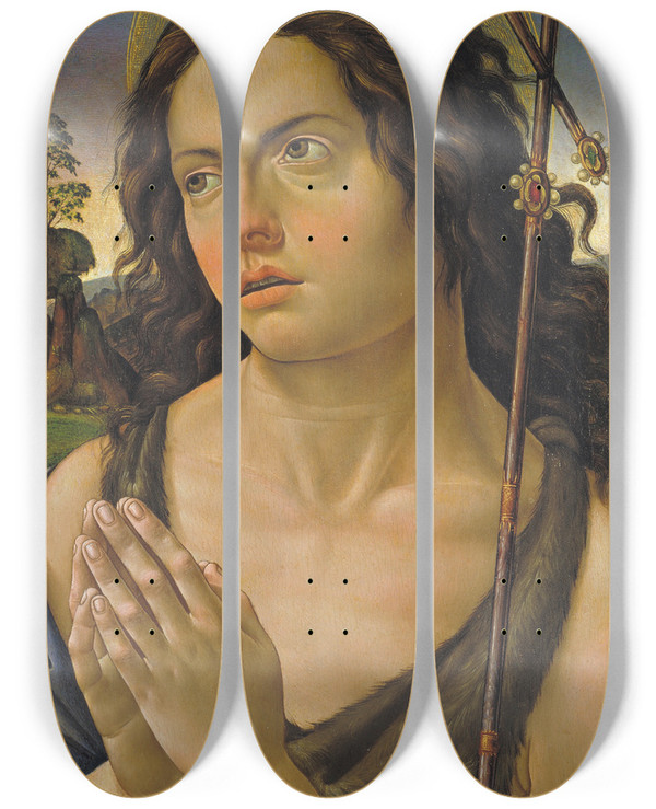 Triptych art skateboard deck of Raffaellino Del Garbo Saint John The Baptist by Raffaellino Del Garbo (1466-1524)