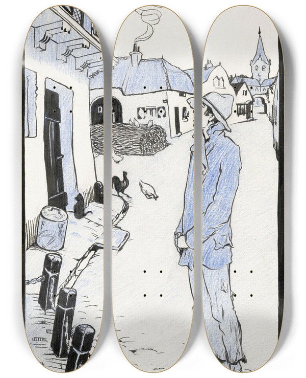 Triptych art skateboard deck of Anny Leusink Willem Staat Te Zingen In Een Verlaten Dorpsstraat by Anny Leusink (1889)