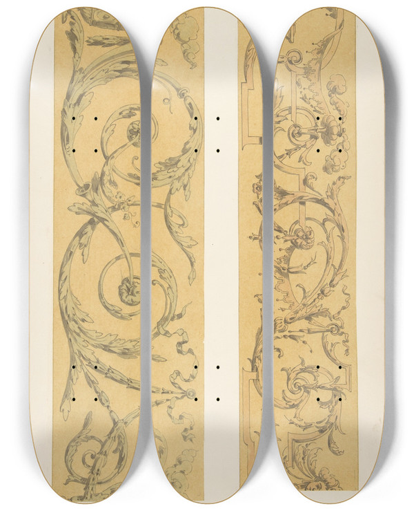 Triptych art skateboard deck of Julesedmondcharles Lachaise Two Designs For Decorative Borders In Strapwork And Rinceaux by Jules-Edmond-Charles Lachaise (1897)