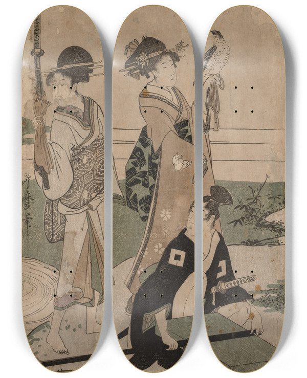 Triptych art skateboard deck of Kitagawa Utamaro Daimy And His Retinue Crossing A Stream In Plain Near Fuji by Kitagawa Utamaro (1753-1806)
