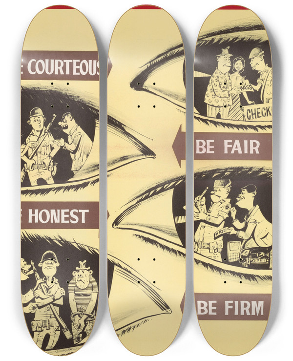 Triptych art skateboard deck of Us Information Agency The Public Eye Is On You by U S Information Agency (1953-1999)