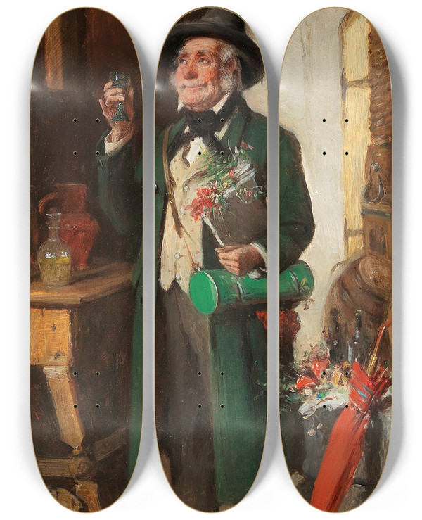 Triptych art skateboard deck of Hermann Kern The Satisfied Botanist by Hermann Kern (1838-1912)