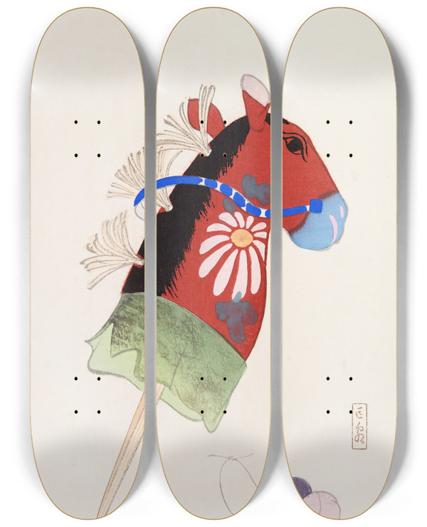 Triptych art skateboard deck of Kawasaki Kyosen Kyosens Collected Illustrations Of Japanese Toys Pl099 by Kawasaki Kyosen (1877-1942)