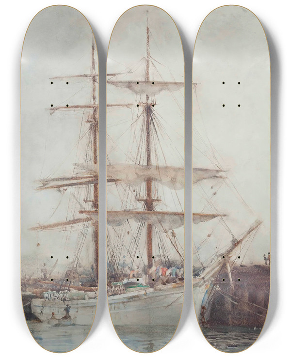 Triptych art skateboard deck of Henry Scott Tuke A Windjammer Moored In Falmouth Harbour by Henry Scott Tuke (1858-1929)