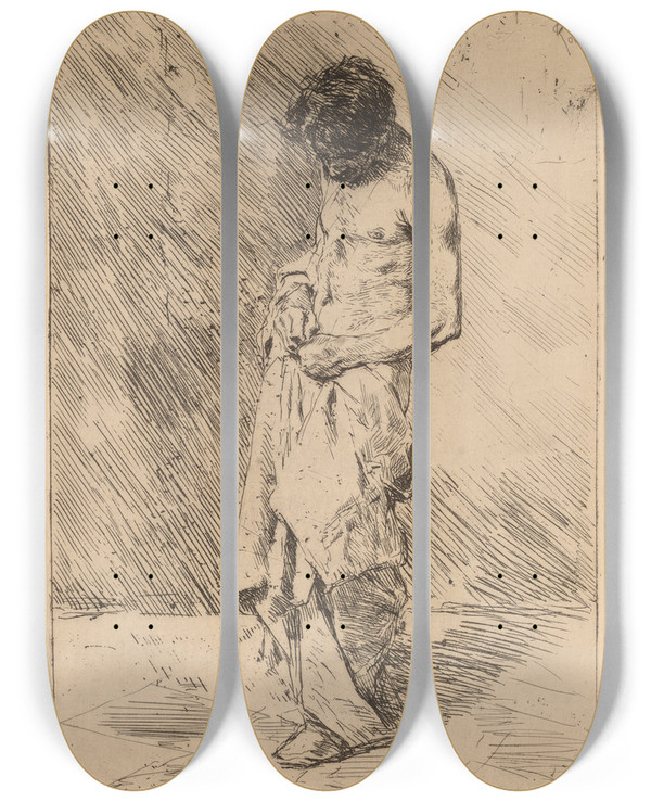 Triptych art skateboard deck of Mariano Fortuny Marsal Un Pouilleux Flea Seeker by Mariano Fortuny Marsal (1838-1874)