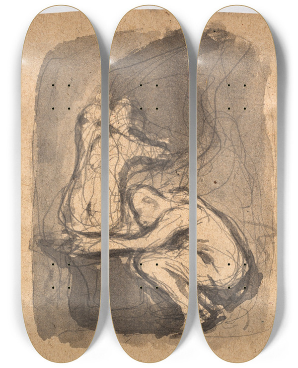 Triptych art skateboard deck of Oluf Hartmann Studie Til Ddalus Og Ikarus_2 by Oluf Hartmann (1879-1910)