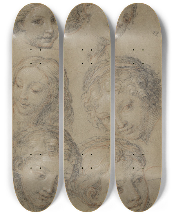 Triptych art skateboard deck of Michel Corneille The Elder Studies Of Womens Heads by Michel Corneille The Elder (1601-1664)