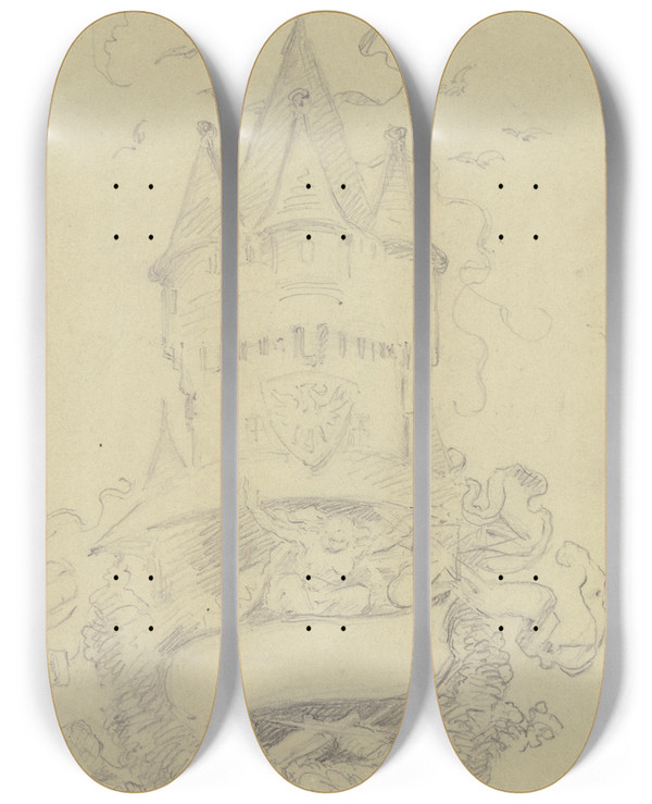 Triptych art skateboard deck of Anton Burger Das Fest Auf Dem Eschenheimer Turm by Anton Burger (1824-1905)