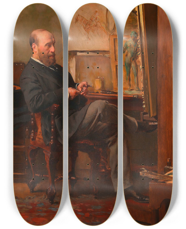 Triptych art skateboard deck of Eduard Charlemont Die Zustimmung Des Sammlers The Collectors Approval by Eduard Charlemont (1848-1906)