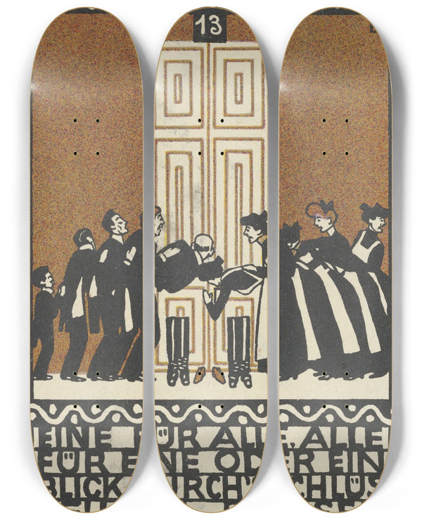 Triptych art skateboard deck of Moriz Jung One For All All For One Or A Glimpse Through The Keyhole by Moriz Jung (1885-1915)