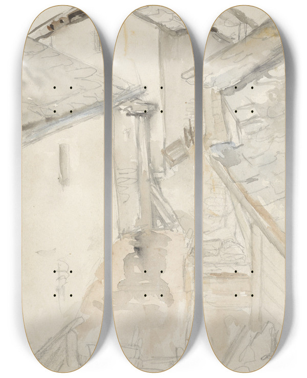 Triptych art skateboard deck of Jozef Israls Steegje Tussen Oude Huizen by Jozef Israels (1824-1911)