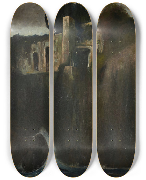 Triptych art skateboard deck of Arnold Bcklin Landscape_1 by Arnold Bocklin (1827-1901)