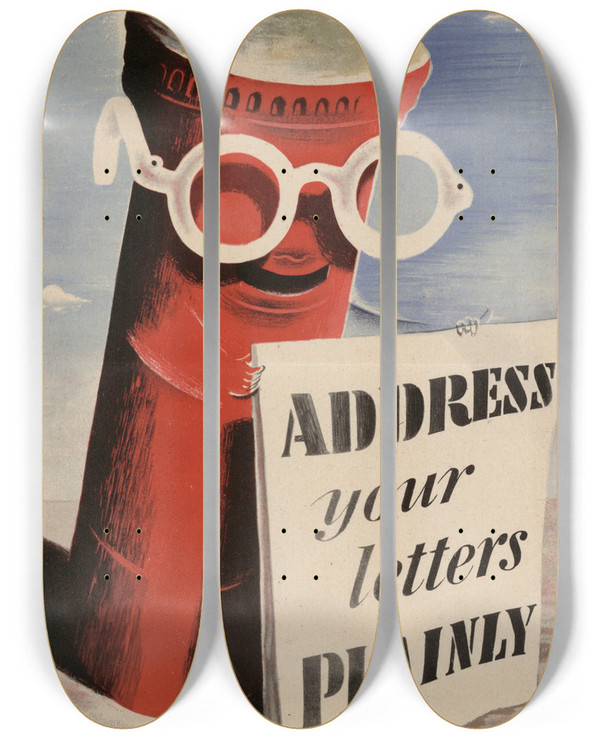 Triptych art skateboard deck of Hans Schleger Address Your Letters Plainly by Hans Schleger (1898-1976)