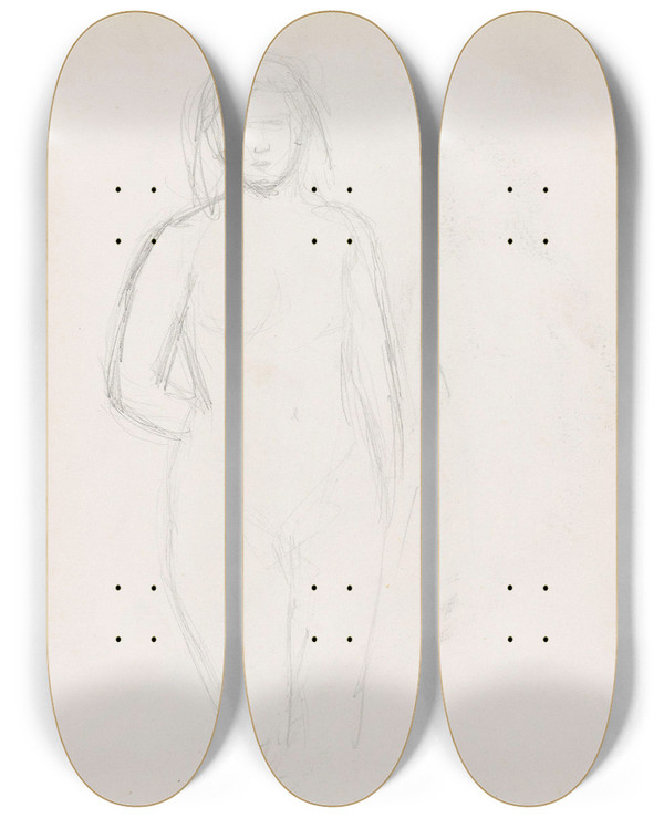 Triptych art skateboard deck of Signe Scheel Kvinneakt_1 by Signe Scheel (1860-1942)