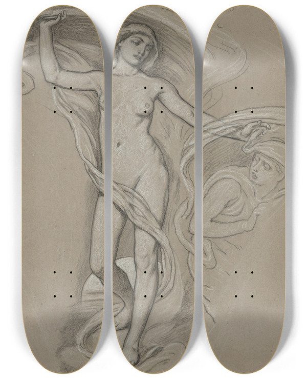 Triptych art skateboard deck of Elihu Vedder Study Forluna_3 by Elihu Vedder (1836-1923)