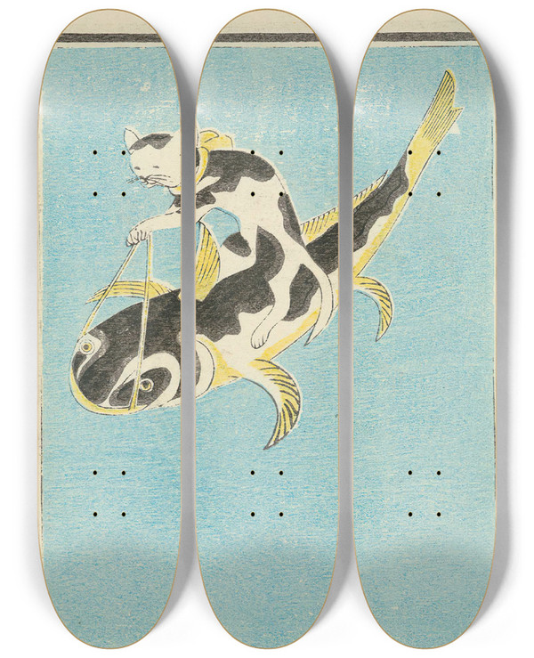 Triptych art skateboard deck of Jinta Hirayama Illustrated Catalogue Of Daylight Bomb Shells No 58 by Jinta Hirayama (19-)
