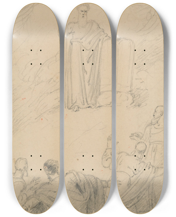 Triptych art skateboard deck of Richard Westall Moses Bringing The Ten Commandments From Mount Sinai by Richard Westall (1765-1836)