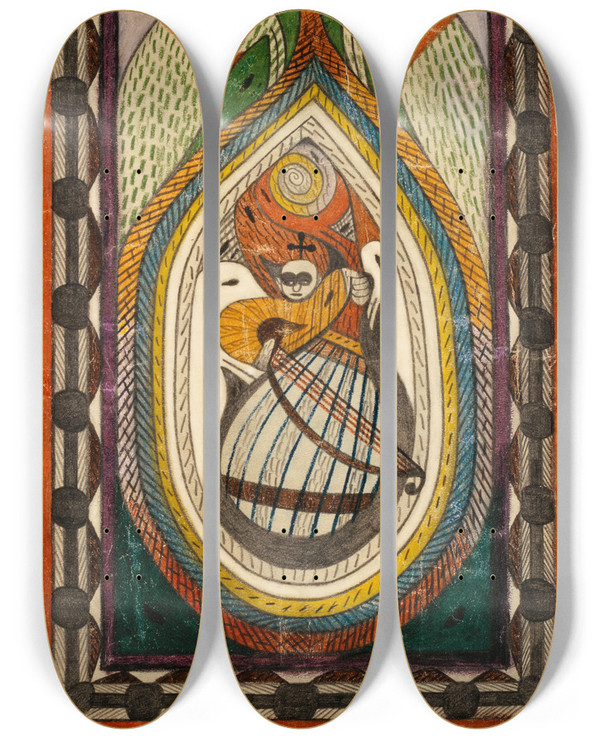 Triptych art skateboard deck of Adolf Wlfli Musikant by Adolf Wolfli (1864-1930)