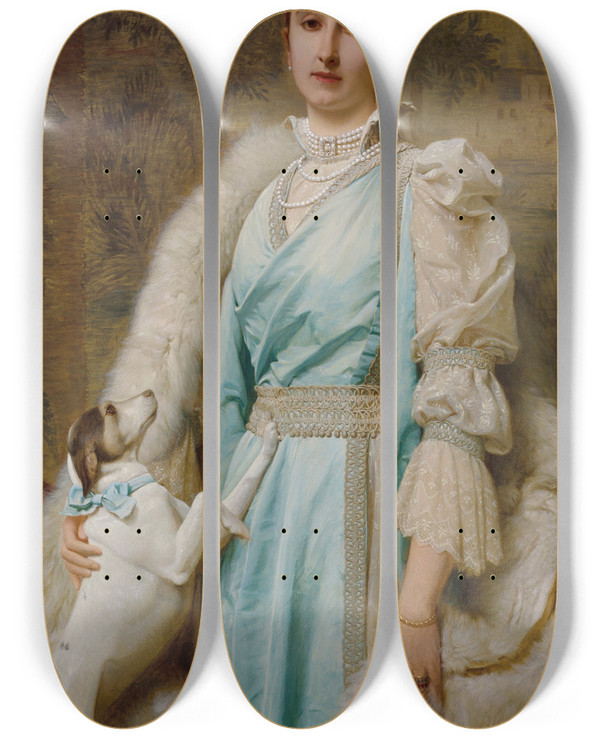 Triptych art skateboard deck of Charles Edward Perugini Portrait Of A Lady In An Aquamarine Dress by Charles Edward Perugini (1839-1918)