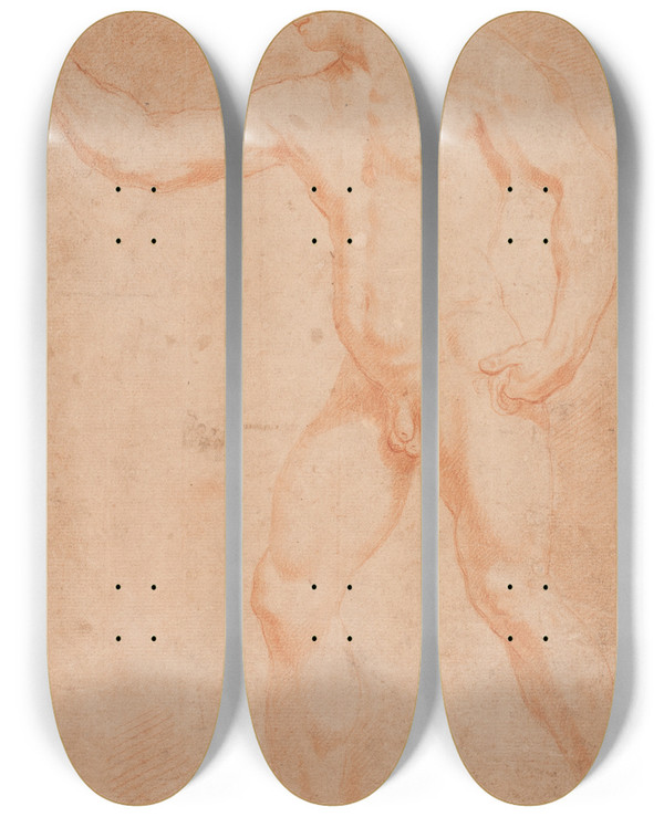 Triptych art skateboard deck of Hendrik Krock Mandlig Modelstudie Stendemed Lftet Arm by Hendrik Krock (1671-1738)