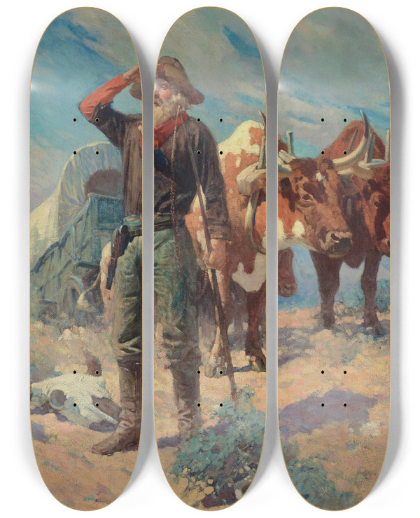 Triptych art skateboard deck of Frank Tenney Johnson The Prospector by Frank Tenney Johnson (1874-1939)