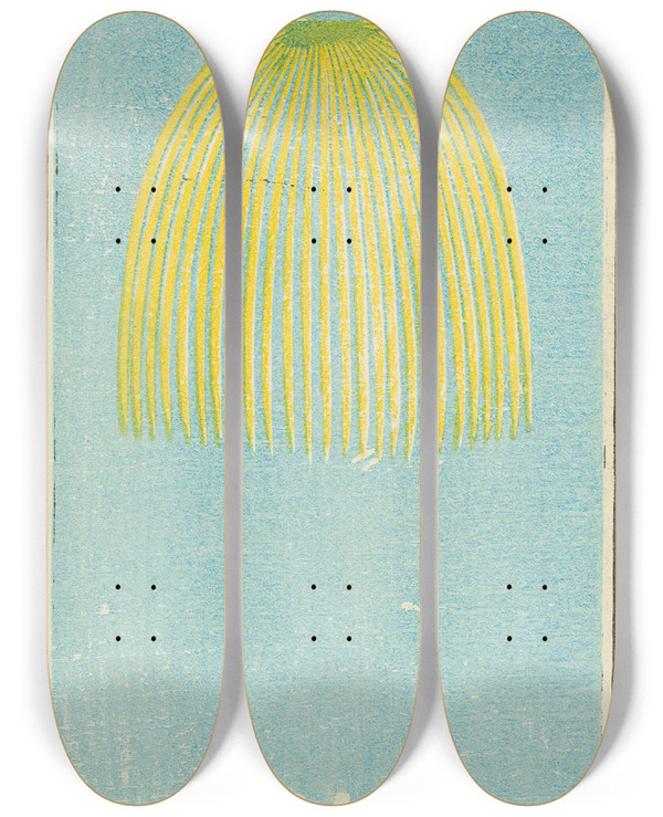 Triptych art skateboard deck of Jinta Hirayama Illustrated Catalogue Of Daylight Bomb Shells No 49 by Jinta Hirayama (19-)