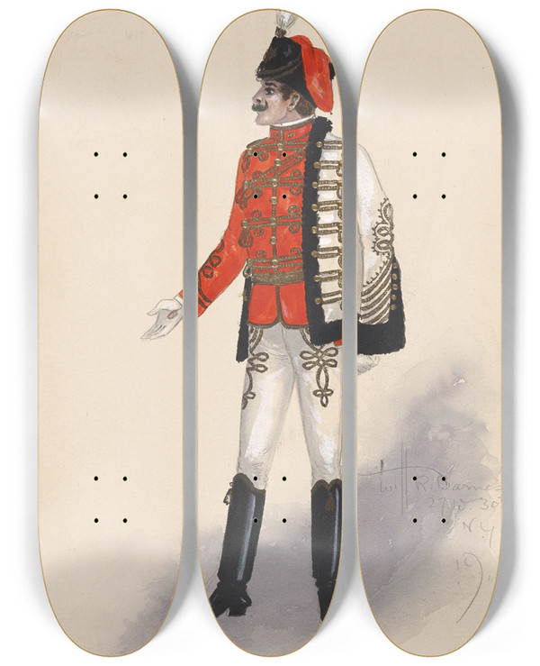 Triptych art skateboard deck of Will R Barnes Officer Costume 132 by Will R Barnes (1939)