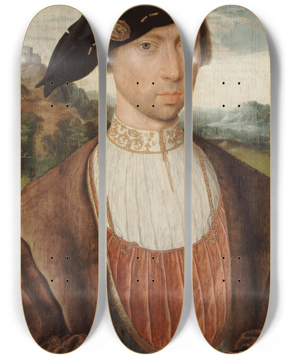 Triptych art skateboard deck of Jan Jansz Mostaert Portrait De Joost Van Bronkhorst by Jan Jansz Mostaert (1475-1552)
