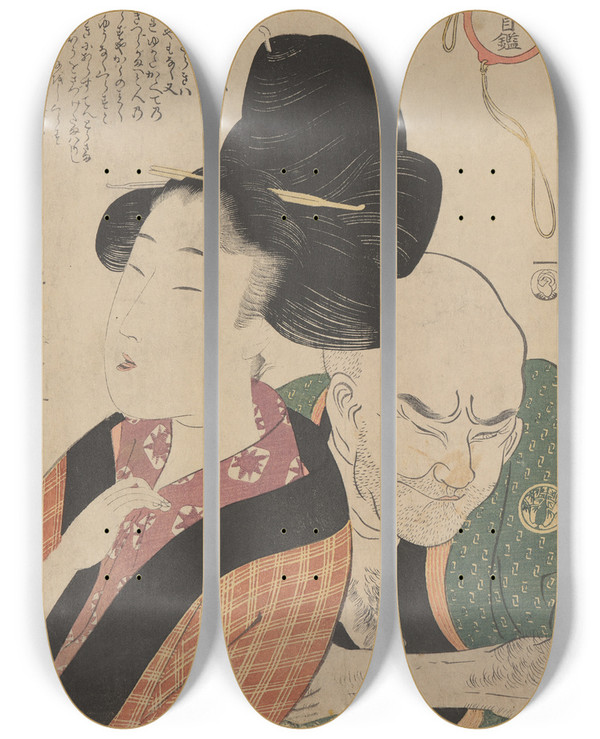 Triptych art skateboard deck of Kitagawa Utamaro Lesson On Hatred Nikuburi by Kitagawa Utamaro (1753-1806)