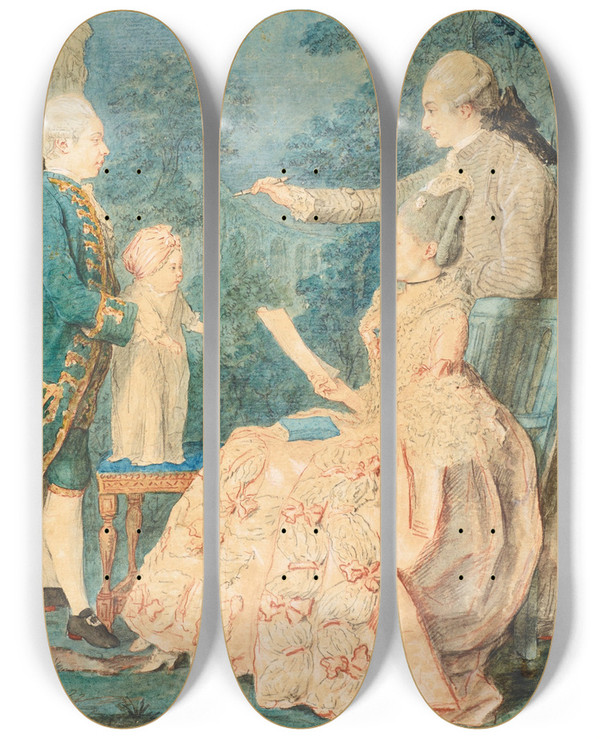 Triptych art skateboard deck of Louis Carrogis Carmontelle Portrait Of A Family Group The Comte De Choiseulgouffier And Family by Louis Carrogis Carmontelle (1717-1806)