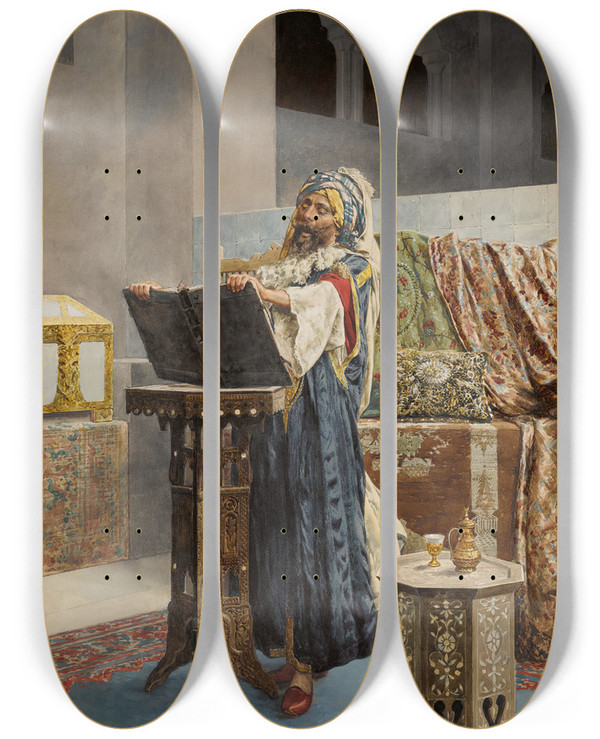 Triptych art skateboard deck of Antonio Fabrs Reading From The Koran by Antonio Fabres (1854-1938)