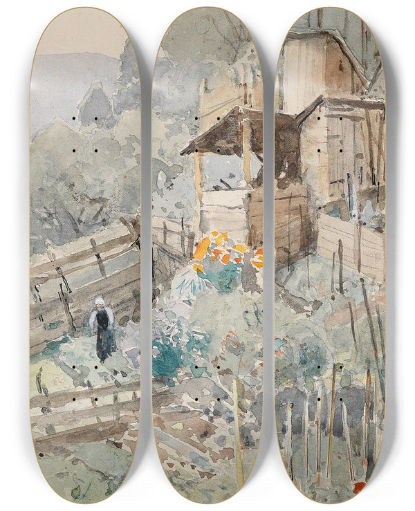 Triptych art skateboard deck of Eduard Zetsche Gemsegarten by Eduard Zetsche (1844-1927)