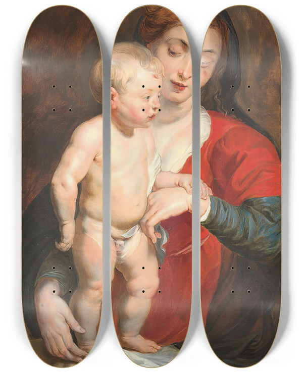 Triptych art skateboard deck of Follower Of Peter Paul Rubens The Virgin Supporting The Christ Child On A Parapet by Follower Of Peter Paul Rubens (1577-1640)