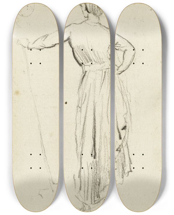 Triptych art skateboard deck of Jeanbaptiste Carpeaux Etude Dune Femme Debout De Dos La Main Gauche Appuye Sur Une Pelle by Jean-Baptiste Carpeaux (1827-1875)